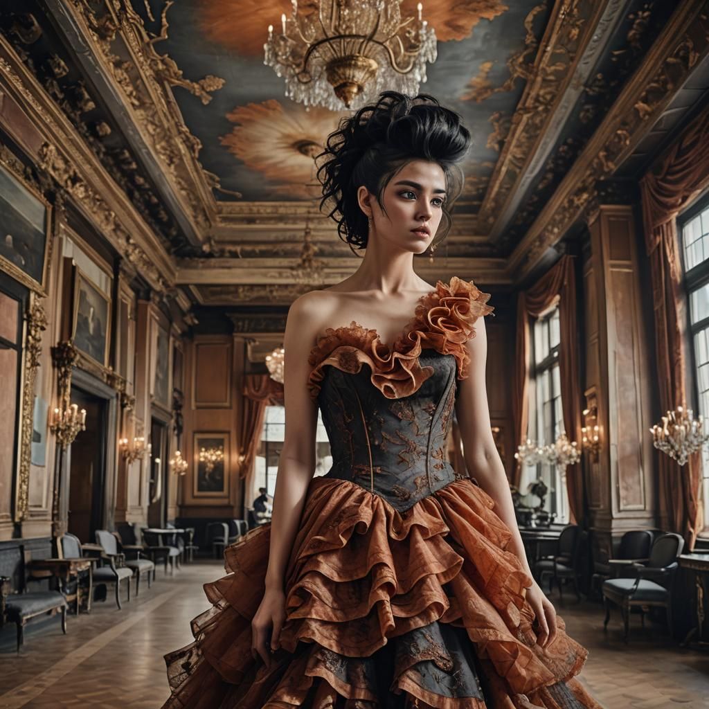 Woman in Rust Dress in Ballroom, Hyperrealistic Image