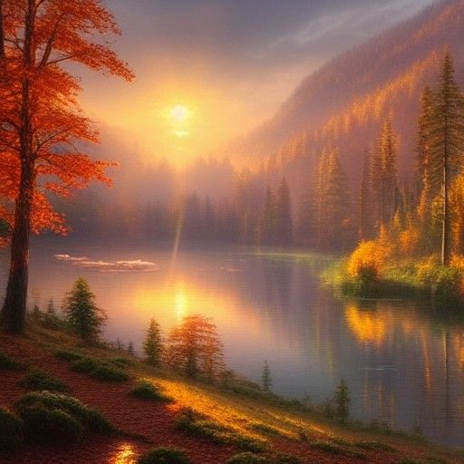 Autumn Sunrise Over Misty Lake: Photorealistic Matte Paintin...