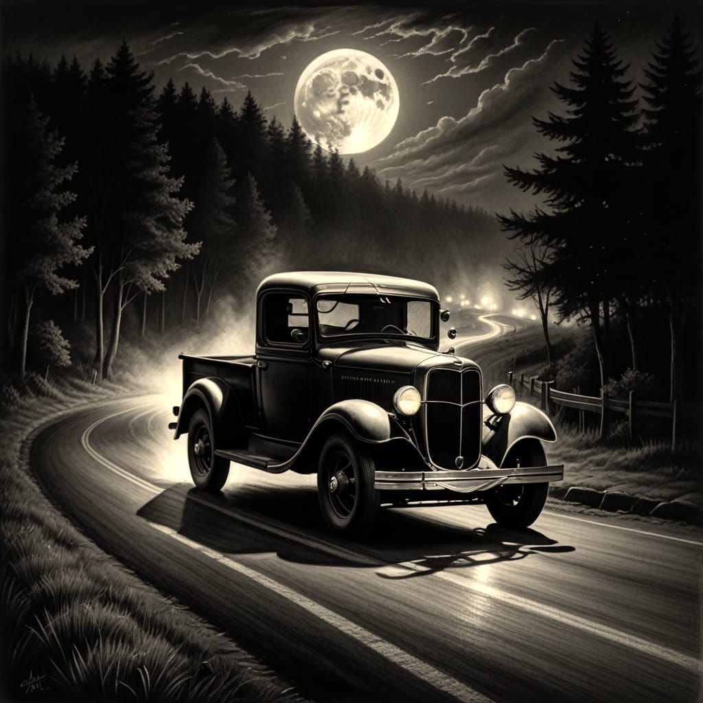Midnight Road in Charcoal Drawing Style