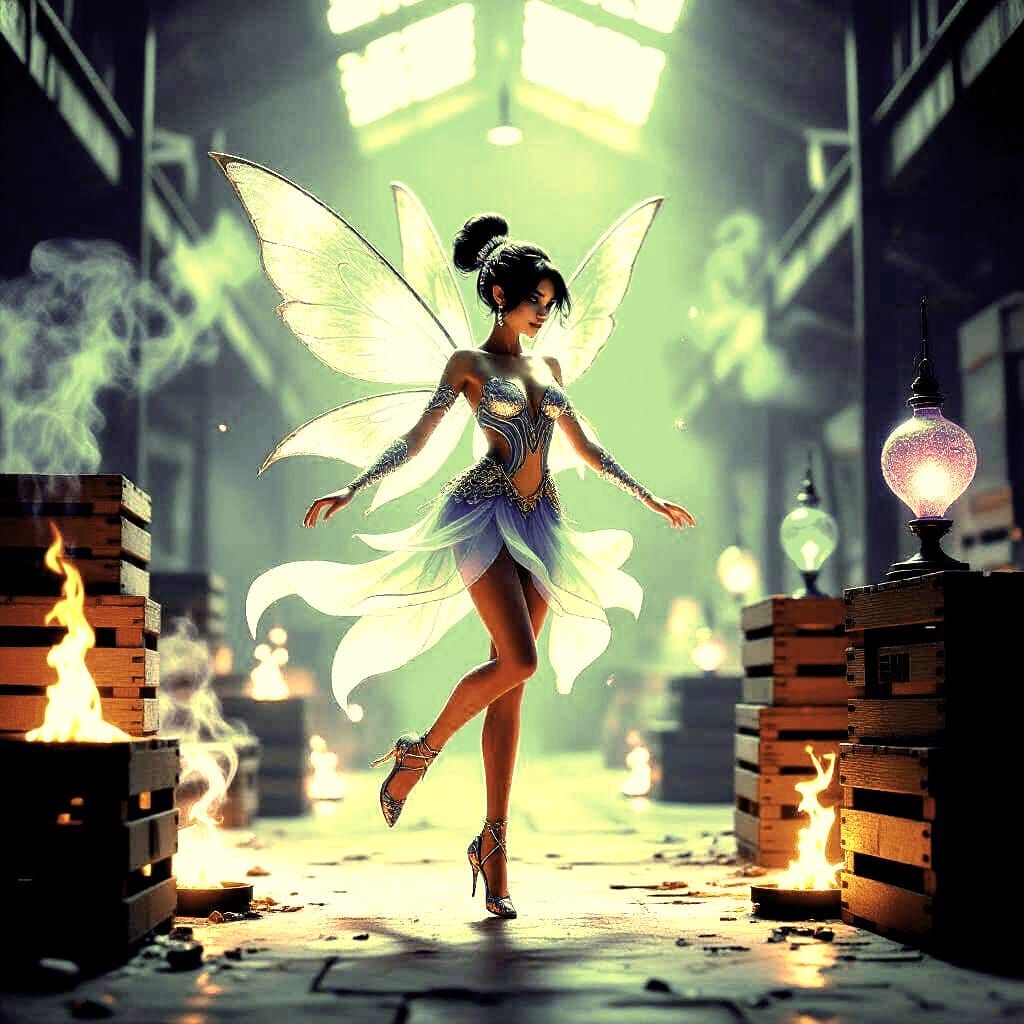 Retrofuturistic Fairy in Fiery Warehouse
