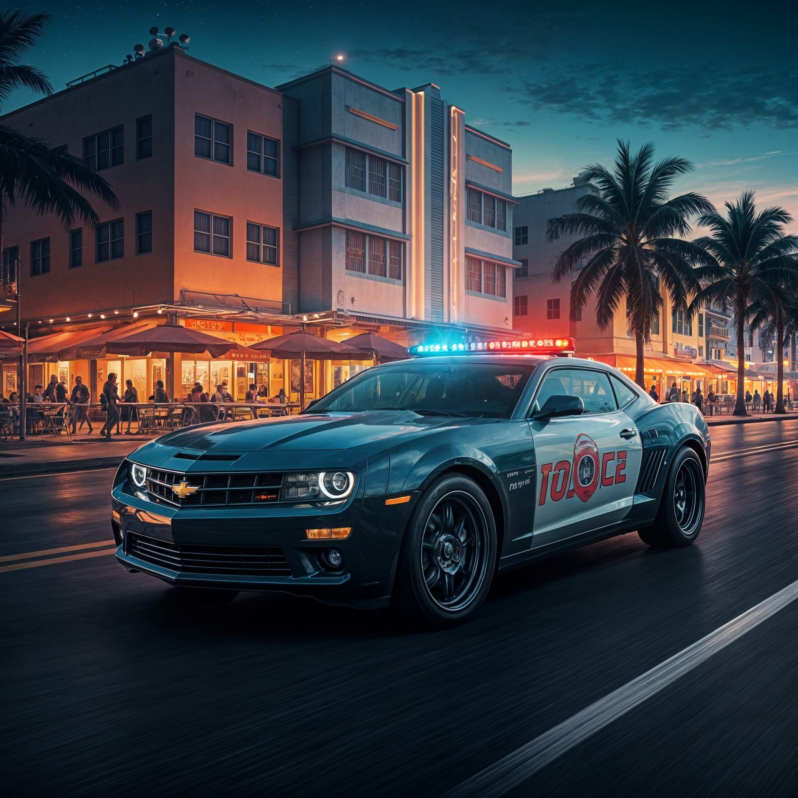 Sleek Police Car Speeds Down Miami Beach in Vibrant Anime St...