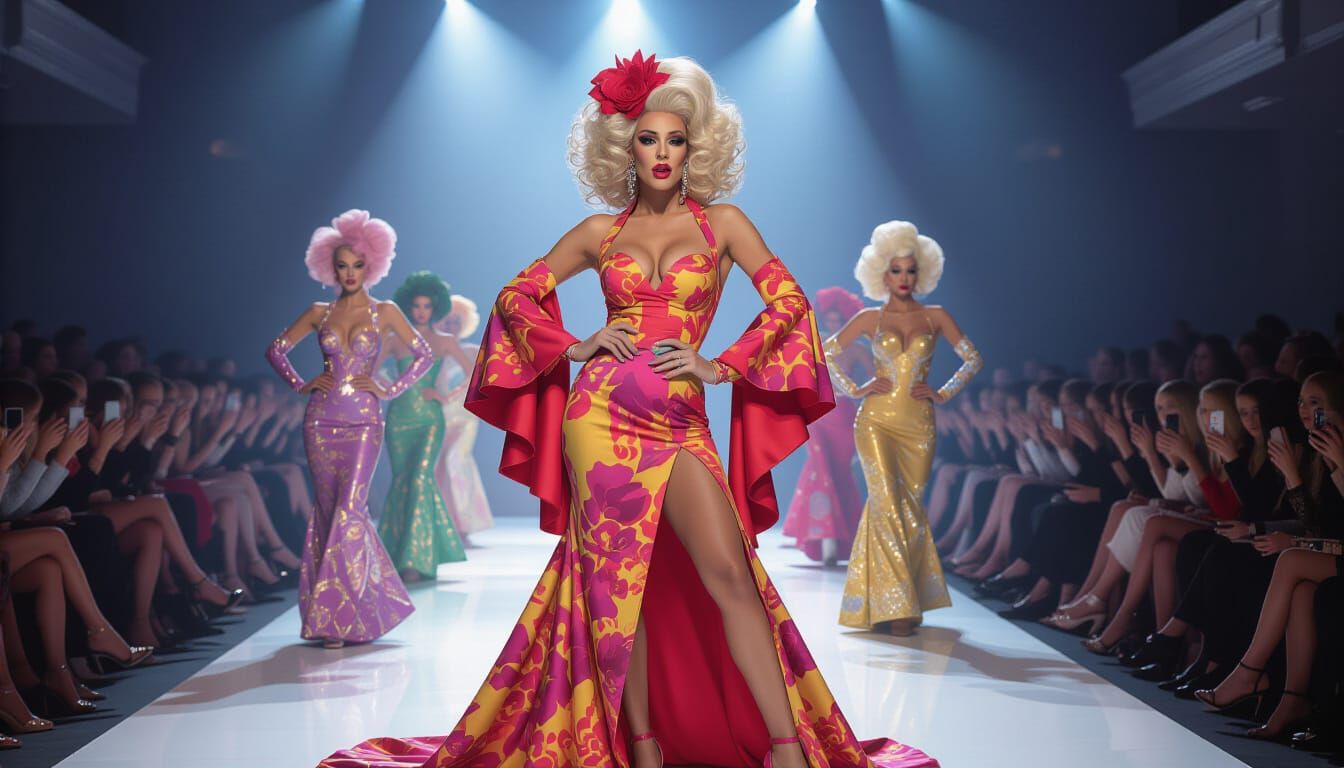 Drag Queen Poses Confidently in Vibrant Attire at Catwalk Sh...