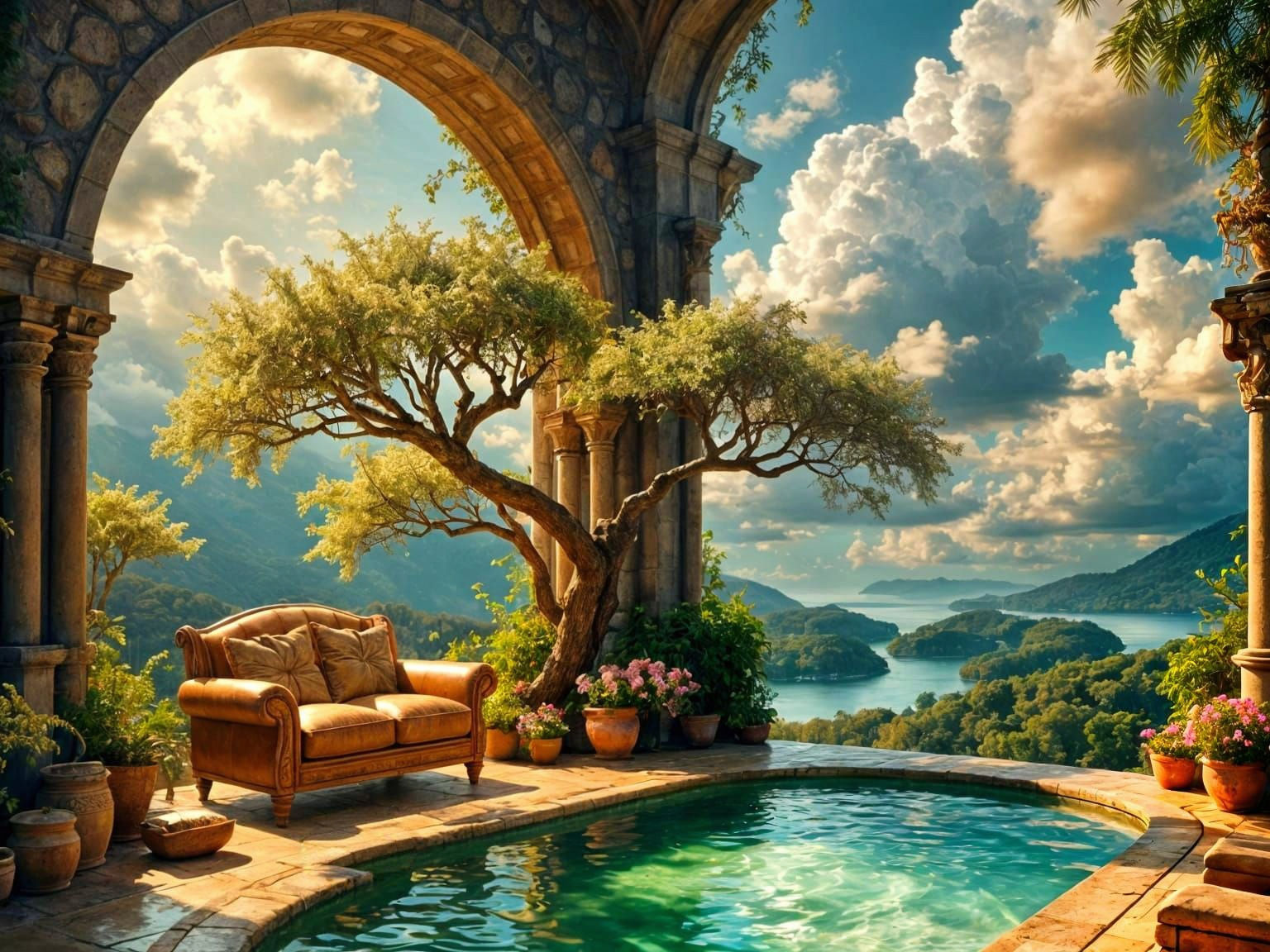 Cute Kitten Relaxing on Cozy Veranda by Beach