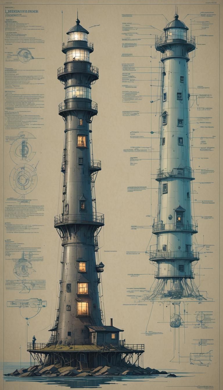 Cyberpunk Lighthouse Blueprint: Scientific Illustration