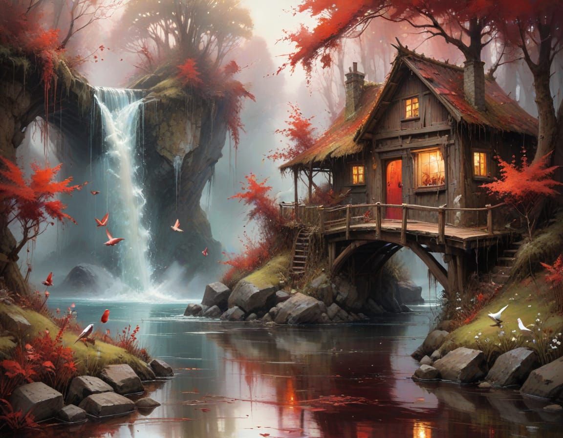 Dreamlike Forest Landscape with Waterfall and Birds