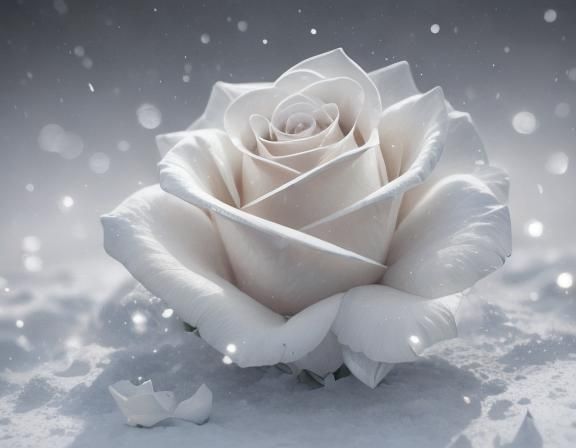 Surreal White Rose Blooms Against Snowy Hill