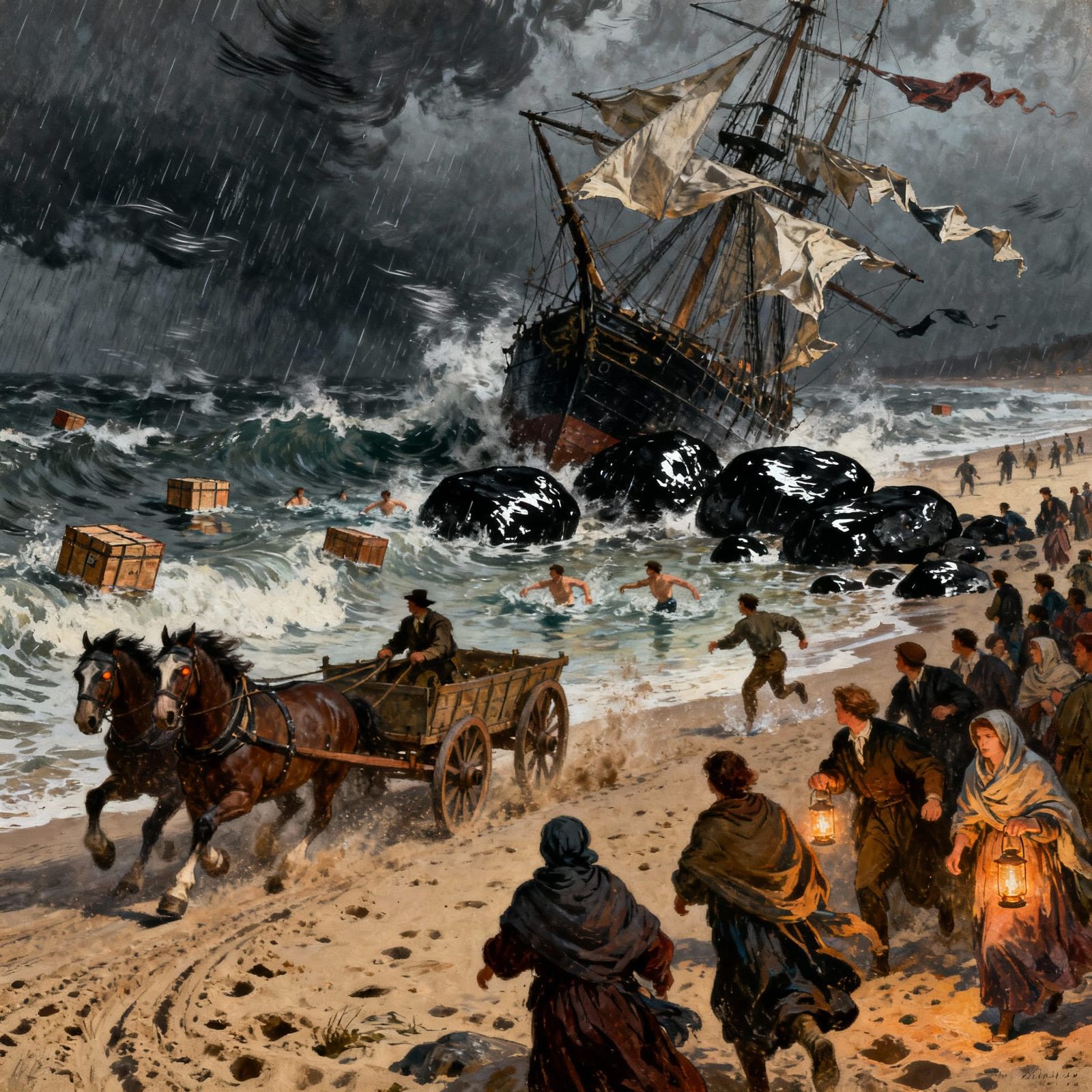 Bromoil Print of Beach Rescue During a Violent Storm