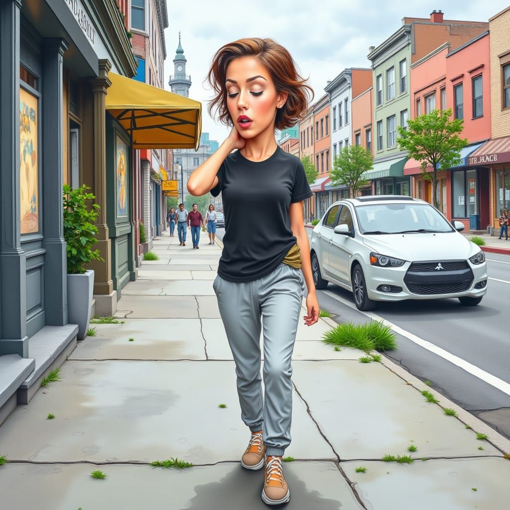 Caricatured Woman with Exaggerated Features in Overcast Scen...