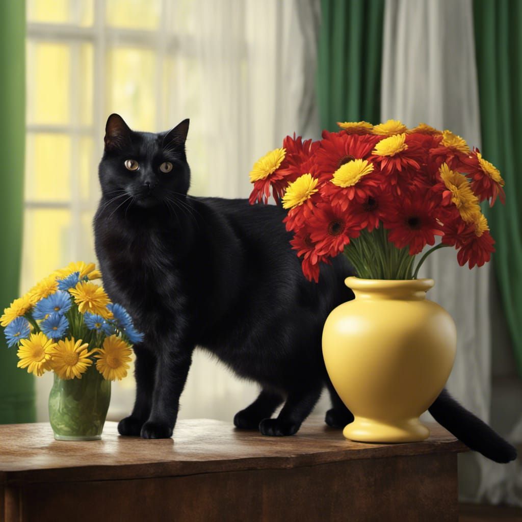 Black Cat with Daisies: Detailed Matte Painting