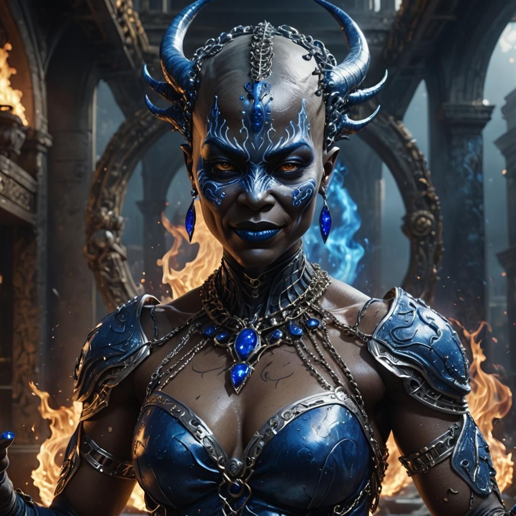 Masked Alien Priestess in Blue Flames