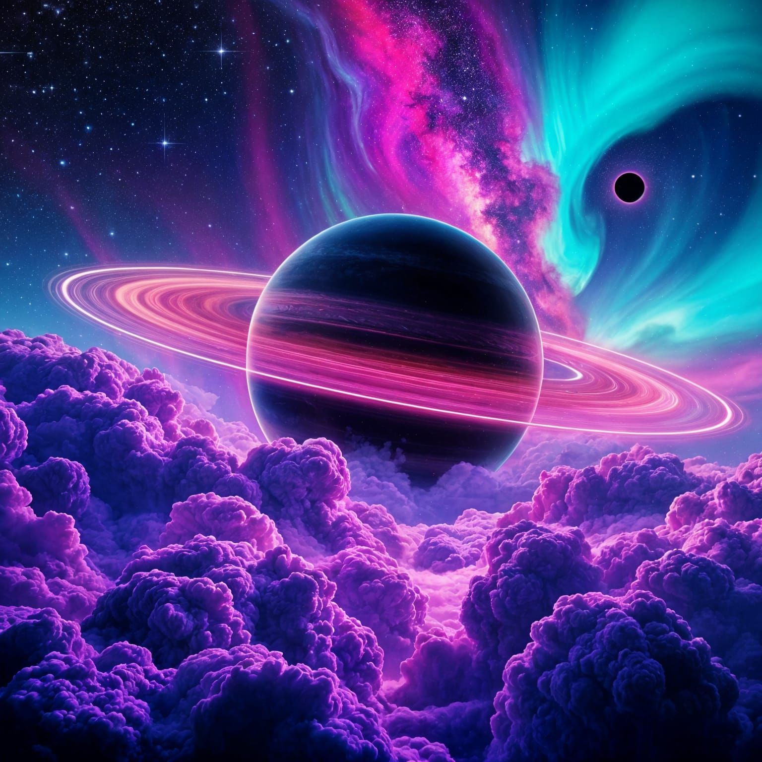 Cosmic Ringed Planet in Vibrant Synthwave Galaxy
