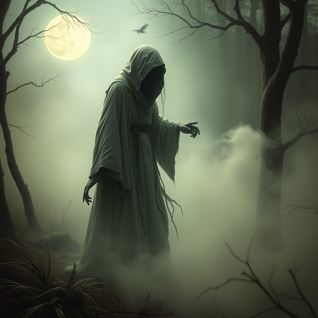 Ethereal Ghost Figure in Misty Forest, Vintage Fairy Tale St...