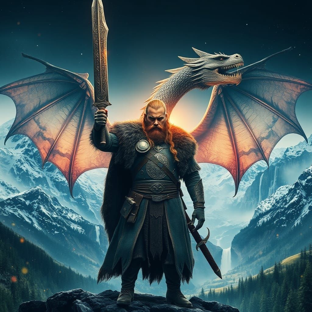 Viking, Dragon, and Sword in Fantasy Landscape