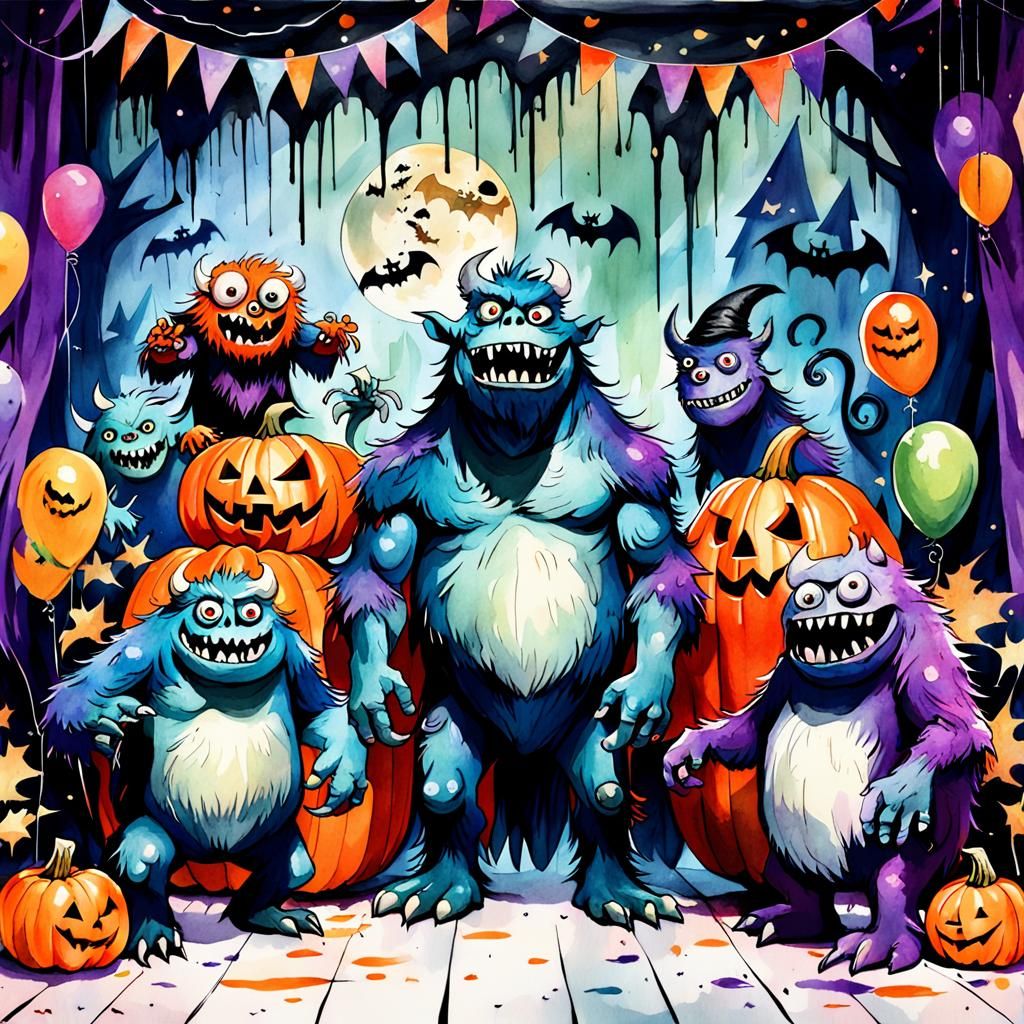 Monsters Prom Photo, Halloween Storybook Illustration
