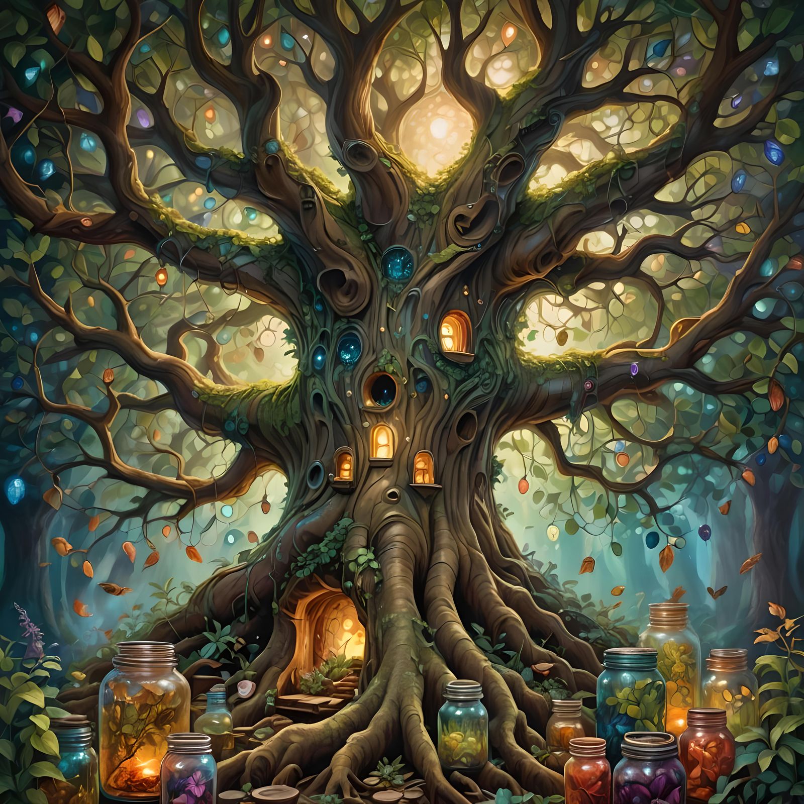 Majestic Tree of Life with Herbal Jars