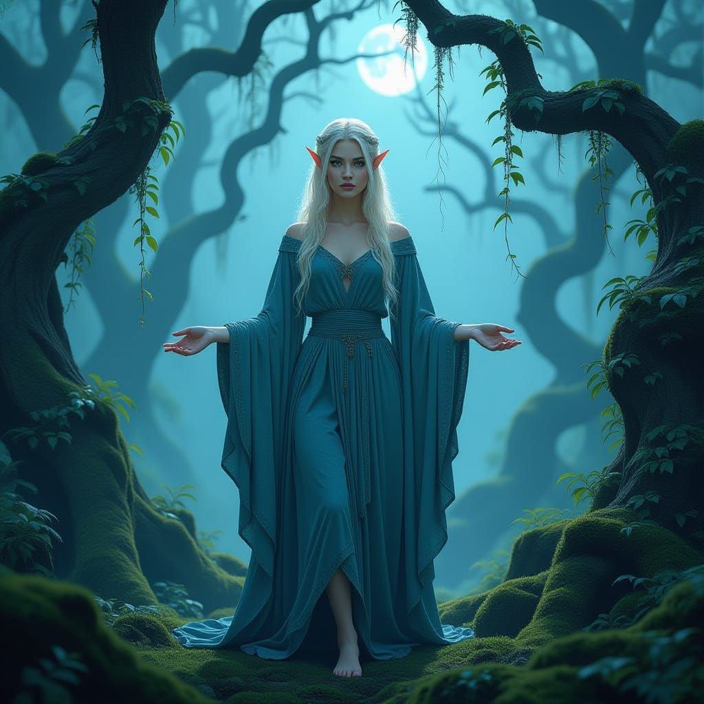 Elven Woman in Misty Enchanted Forest