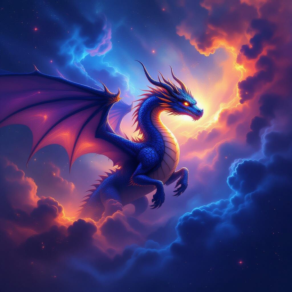 Cosmic Dragon Soaring Through Nebula in Epic Fantasy Style