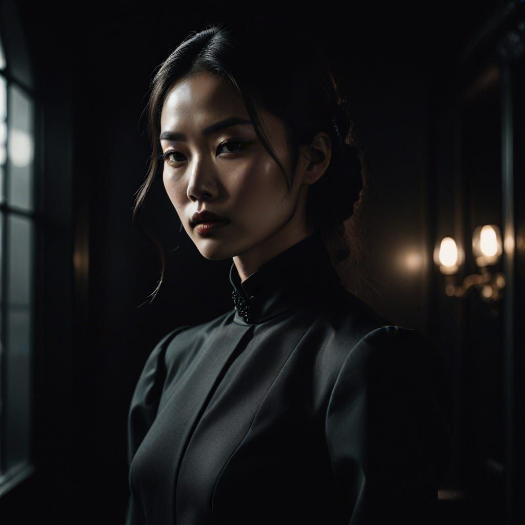 Elegant East Asian Woman in Dark, High-Collared Dress
