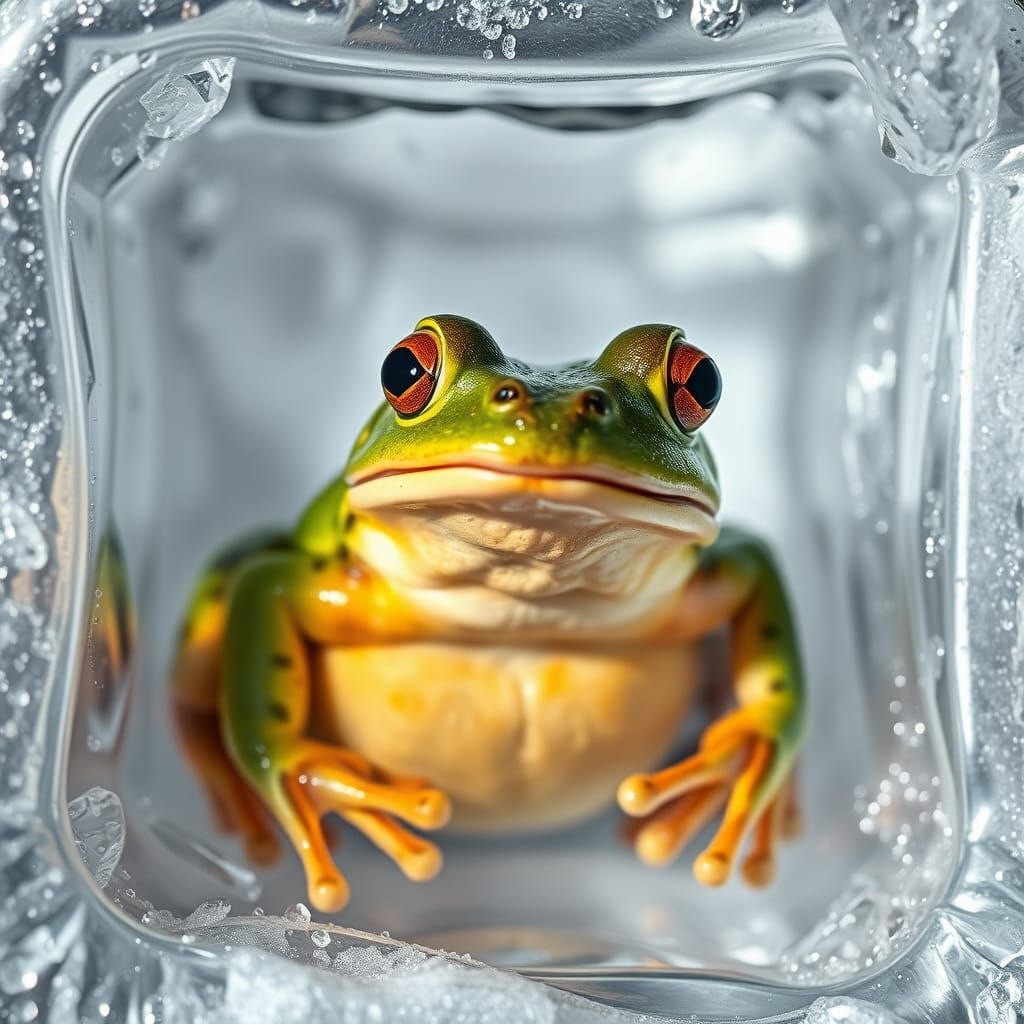 Surreal Aluminum Frog Trapped in Ice