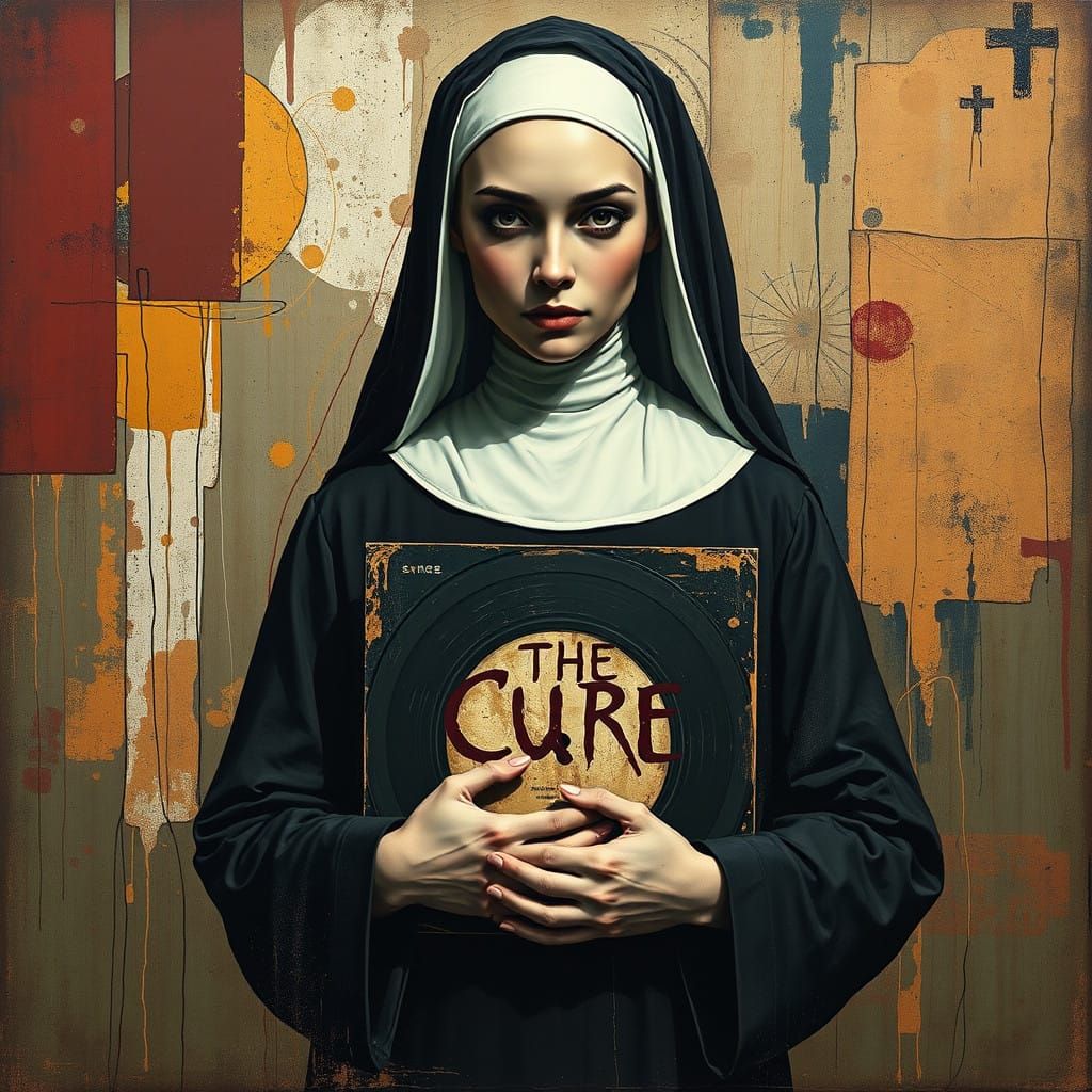 Gothic Nun Contemplates The Cure Vinyl Record in Abstract Ar...