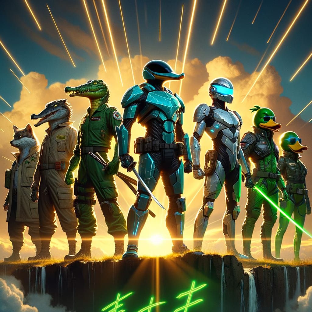 Heroic Group of Anthropomorphic Animals Stand on Cliff Edge