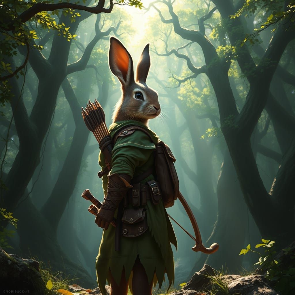 Fantasy Rabbit Ranger in Sun-Dappled Ancient Forest