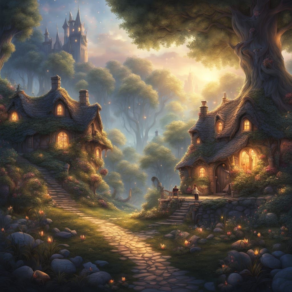 Enchanting Fantasy Scene of Snow White and the Dwarves in a ...