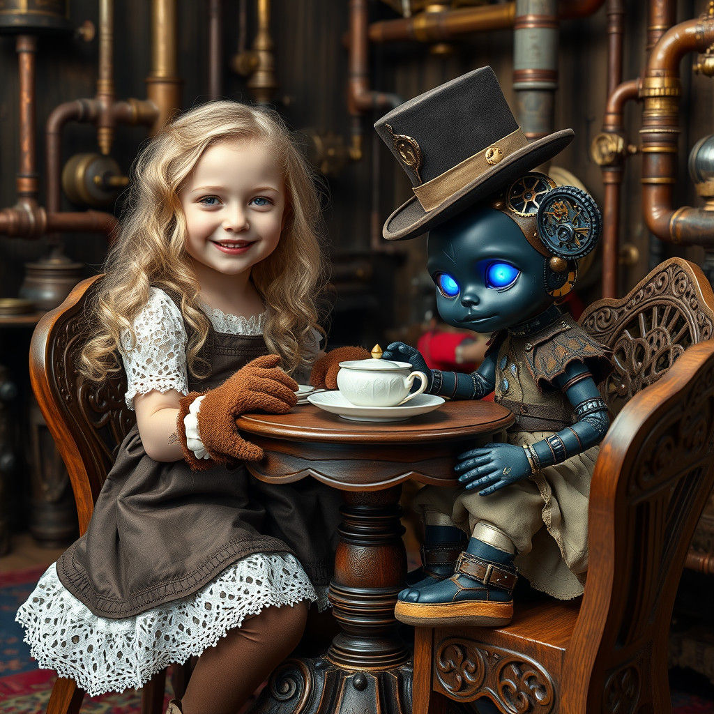 Steampunk Tea Party with Teddy Bear and Cyberpunk Doll