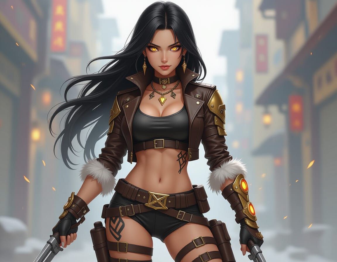 Anime-Style Woman with Glowing Eyes in Sci-Fi Setting