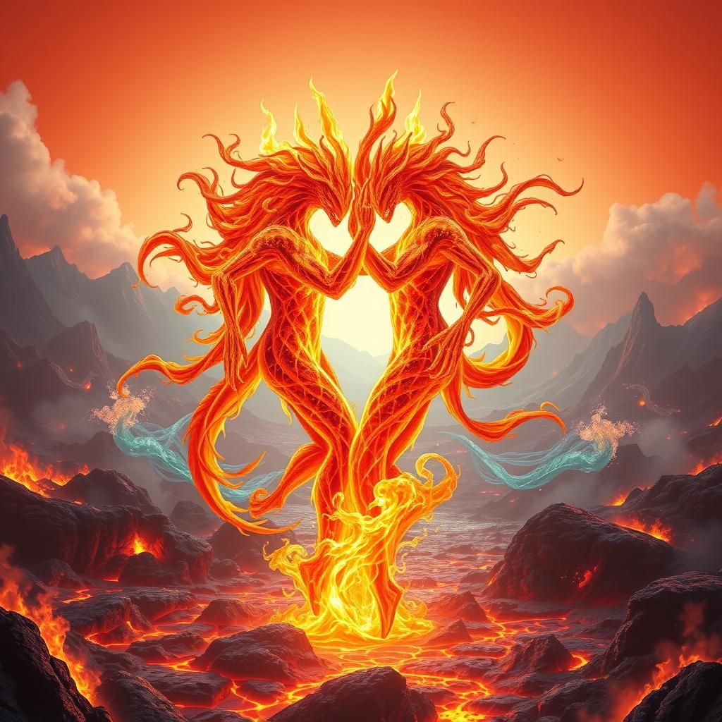 Fire Elementals Waltz in Volcanic Landscape