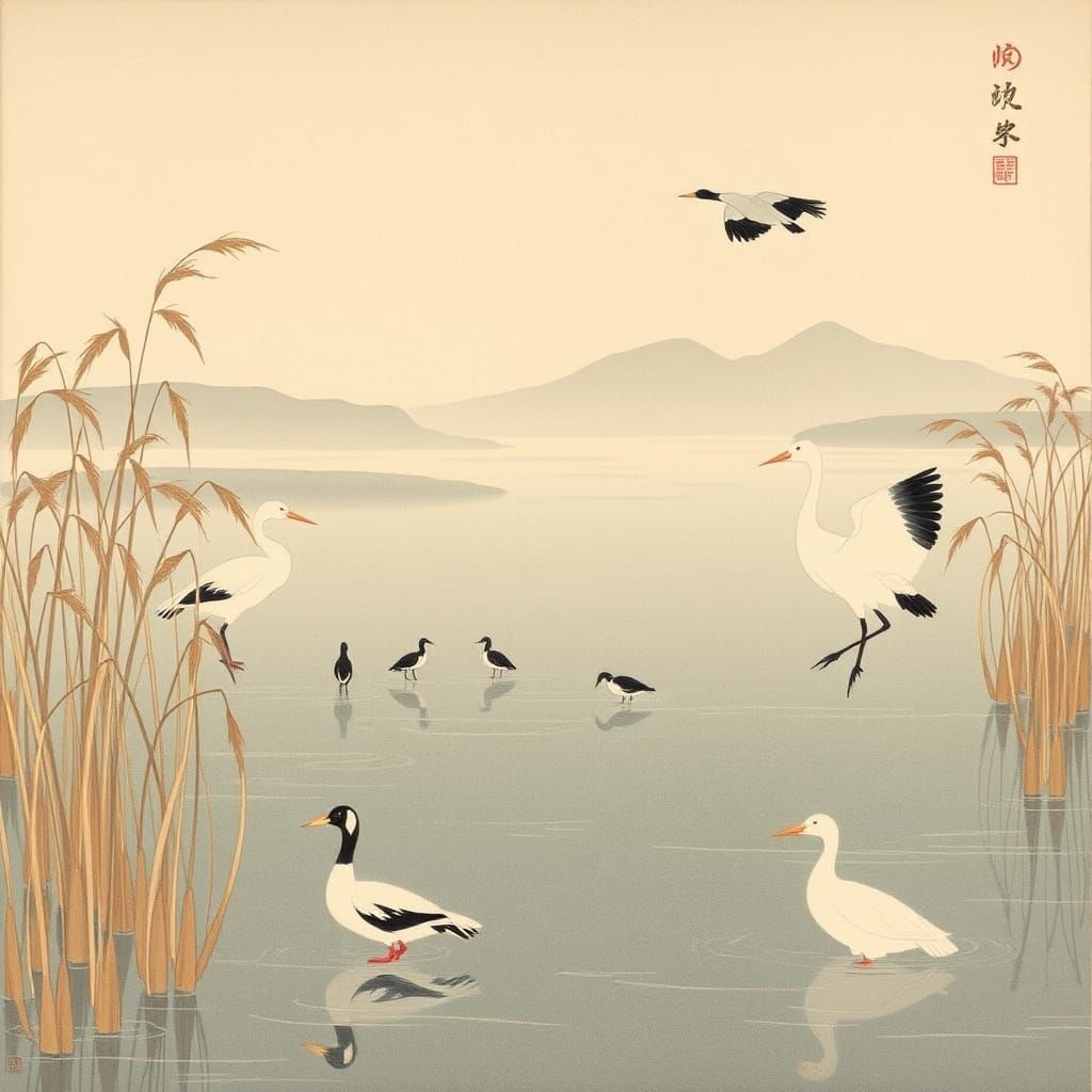 Japanese Wetland Scene in Ukiyo-e Style