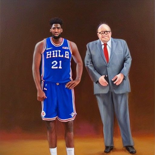 Danny Devito and Joel Embiid: Hyperrealistic Oil Painting