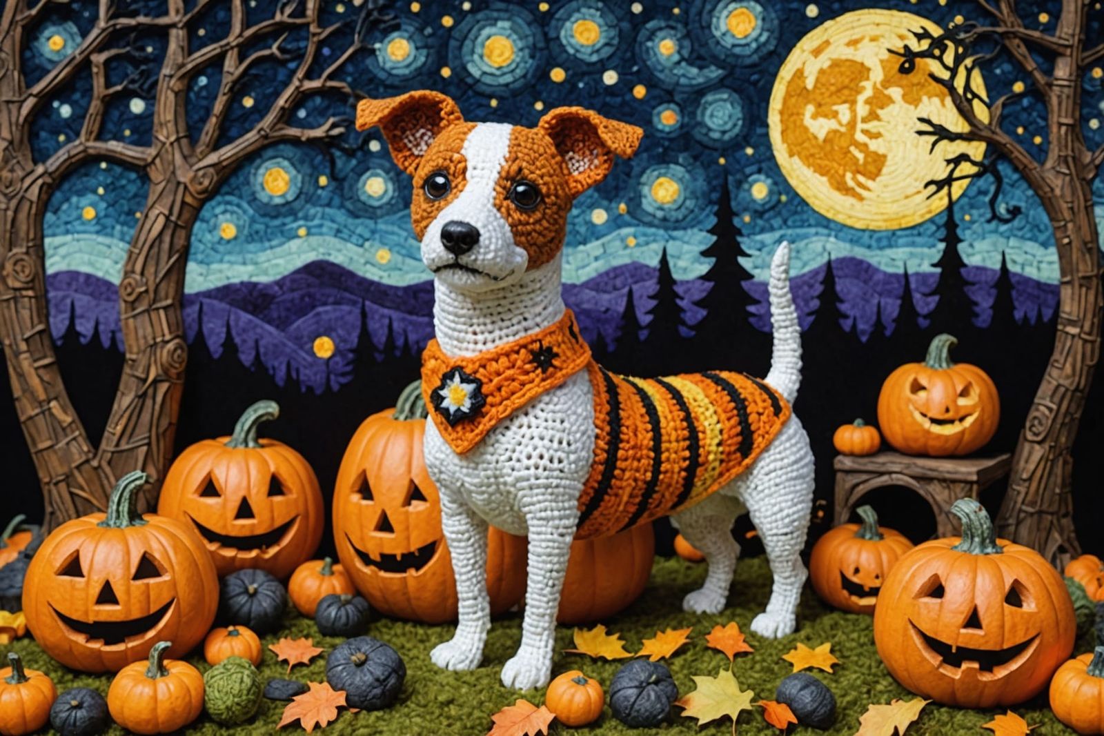 Halloween Dog in Klimt Crochet Style with Starry Sky