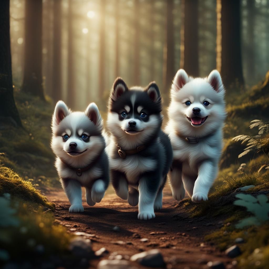 Pomsky Puppies Explore Forest: Detailed Matte Painting