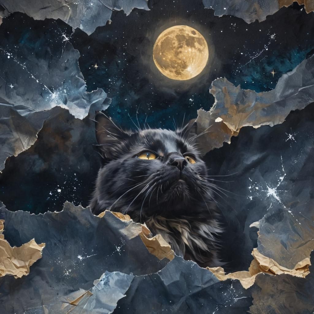 Black Cat Peeks Out from Starry Night Sky