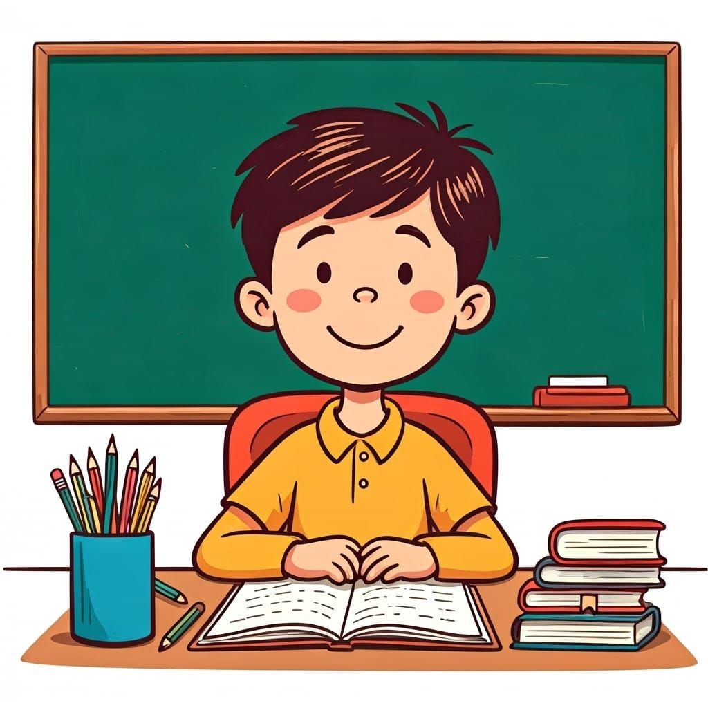 Energetic Kid at School Desk in Comic Illustration