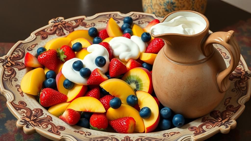 Mixture of Fresh Chopped Fruits in a large dish with a Jug o...