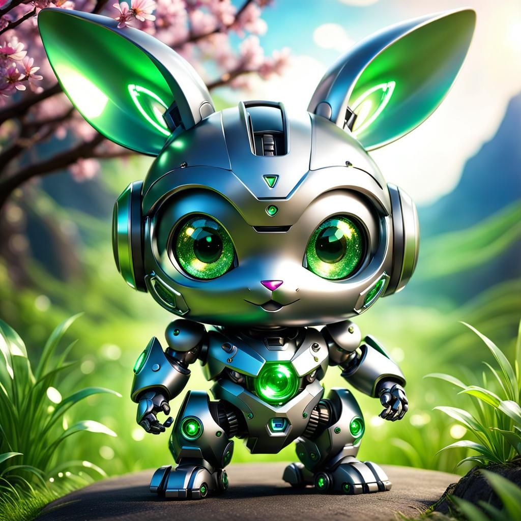Adorable Chibi Robot Bunny with Sparkling Eyes
