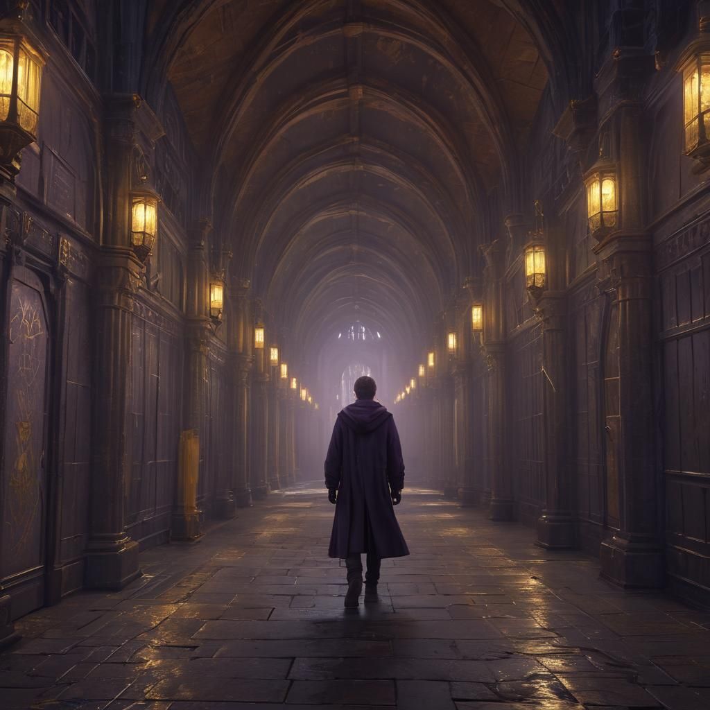 Ravenclaw Student in Hogwarts Corridor, Dark Fantasy Art