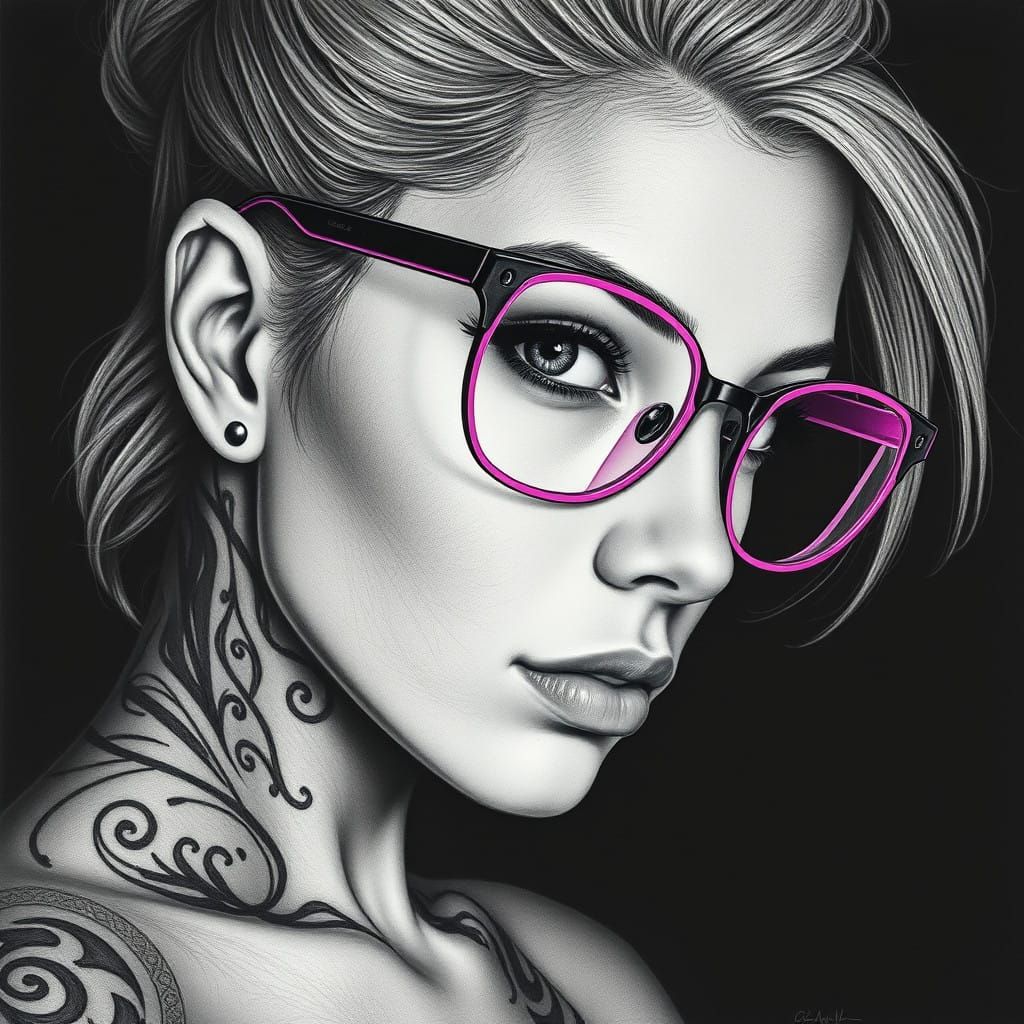 Tattooed Albino Woman in Meticulous Pencil and Charcoal Deta...