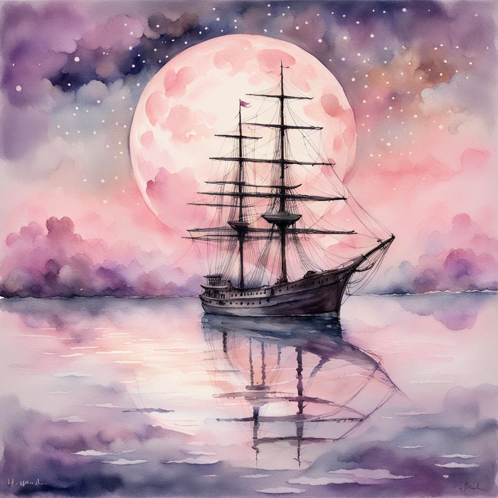 Serene Ship with Pink Sails: Dreamy Watercolor Art