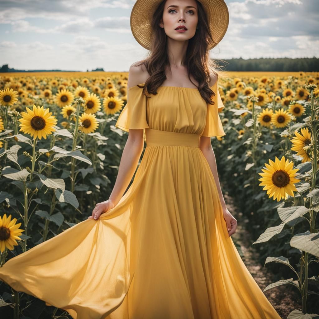 Yellow Dress in a Sunflower Field