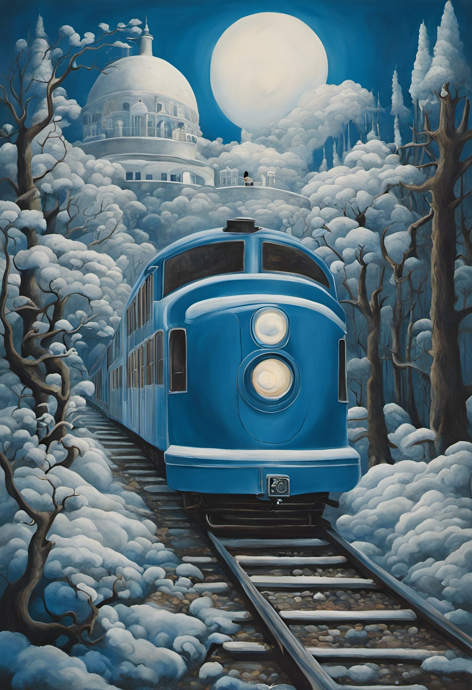 Surreal Blue and White Train Painting