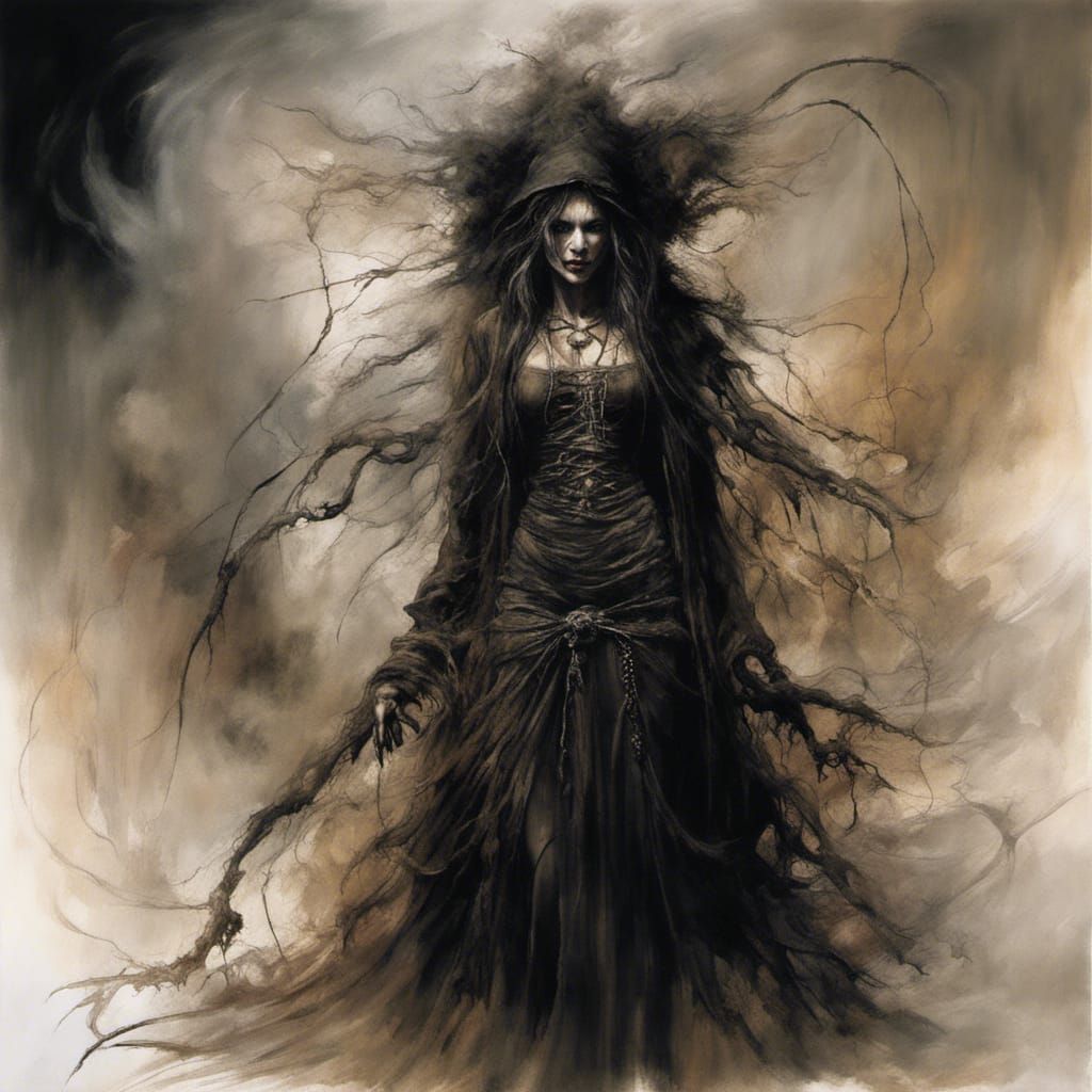 Sinister Witch in Oil Painting with Macabre Symbols