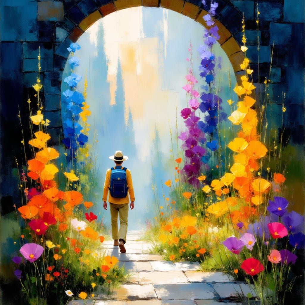 Explorer Entering Portal to Lush Landscape