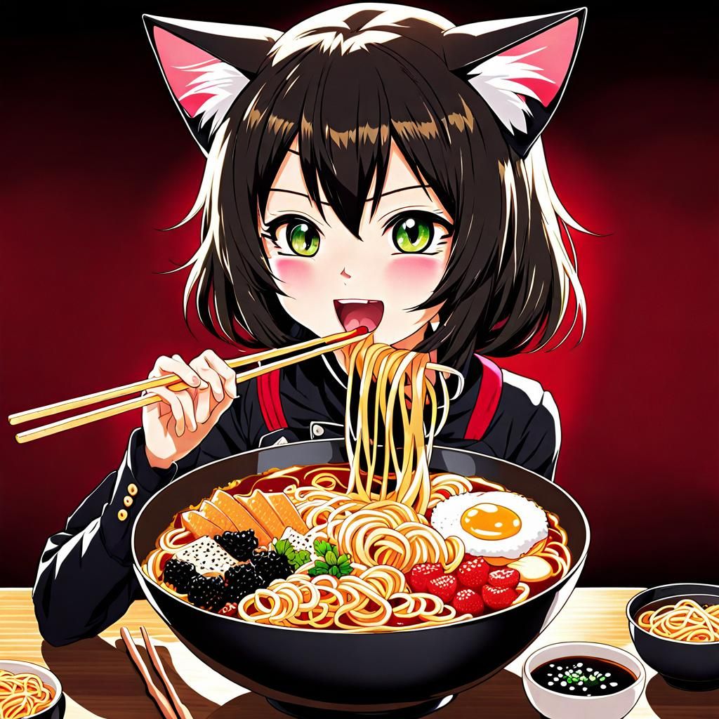 Cat Girl Eating Ramen: Anime Style Illustration