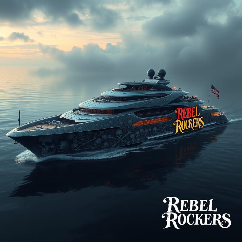 A huge super luxury yacht, in a gothic style of skulls and bones
drifting on calm waters. 'Rebel Rockers' logo along it...