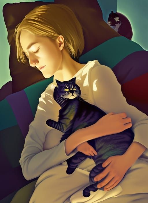 Cat Nap in Lap, Hyperrealistic Digital Art