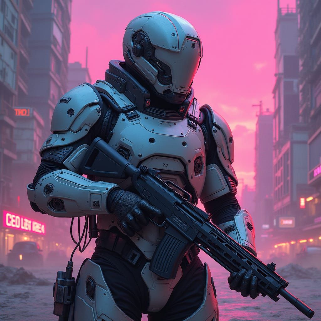 Cyberpunk Mercenary Warrior in Neon Cityscape