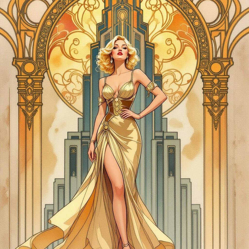 Art Deco Woman in Watercolor Style